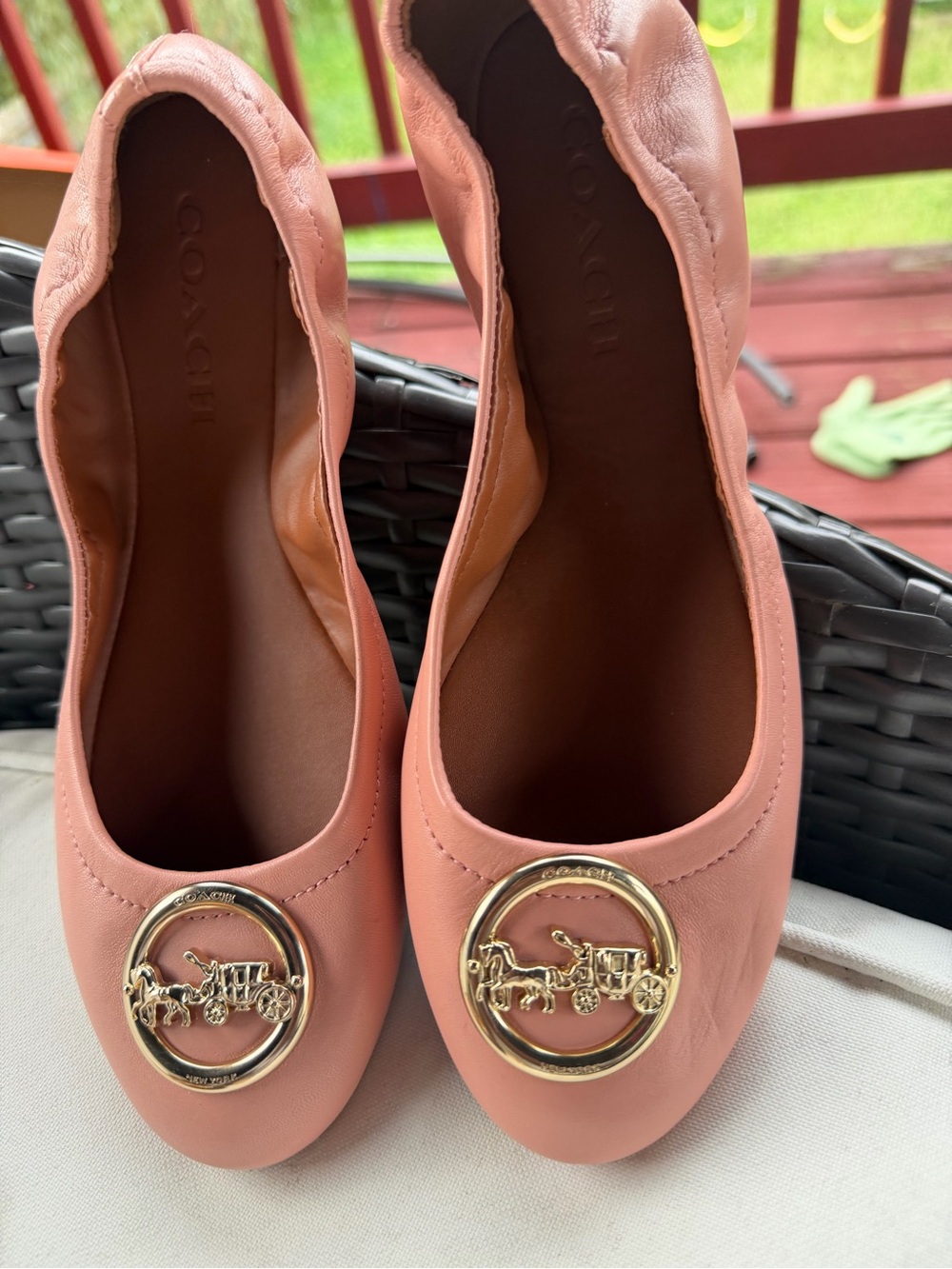 Coach Coral Pink Leather Ballet Flats with Gold Horse & Carriage Accent
